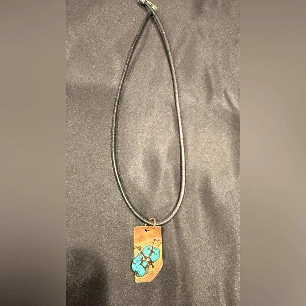 Artisan Copper Wire Wrapped Natural Turquoise Pendant with Leather Cord